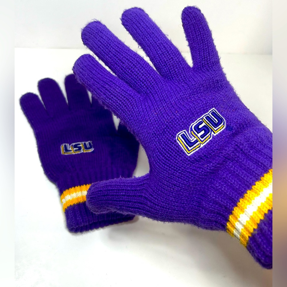 NCAA LSU Tigers College SEC Winter/Fall Gloves. Purple & Gold. Warming Wear.